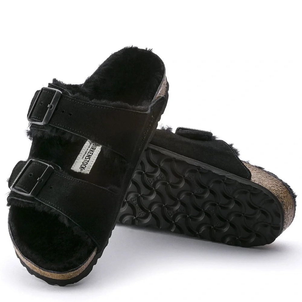Birkenstock Black Suede Shearling Two-Strap Sandals